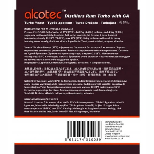 Alcotec Rum Distillers Strain drożdże gorzelnicze do rumu 25L