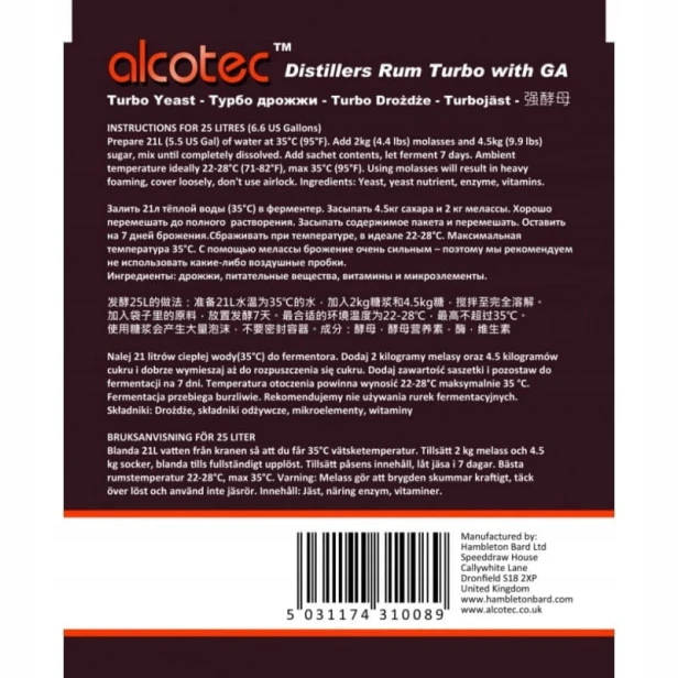 Alcotec Rum Distillers Strain drożdże gorzelnicze do rumu 25L