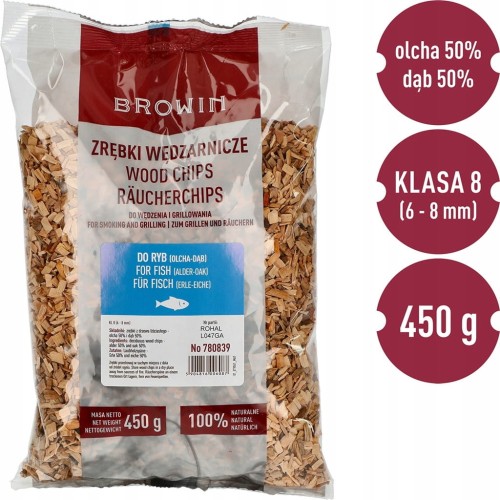 Zrębki do wędzenia i grillowania ryb 50% dąb + 50% olcha, 450g Browin