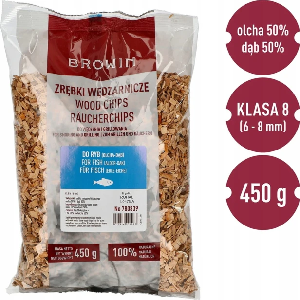 Zrębki do wędzenia i grillowania ryb 50% dąb + 50% olcha, 450g Browin