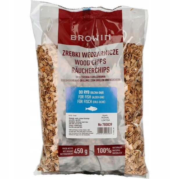 Zrębki do wędzenia i grillowania ryb 50% dąb + 50% olcha, 450g Browin