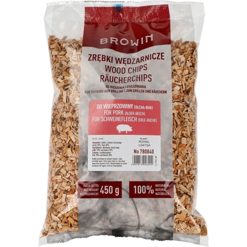 Zrębki do wędzenia/grillowania wieprzowiny 70% olcha + 30% buk, 450g, kl. 8