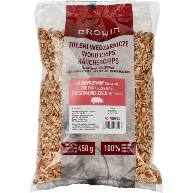 Zrębki do wędzenia/grillowania wieprzowiny 70% olcha + 30% buk, 450g, kl. 8