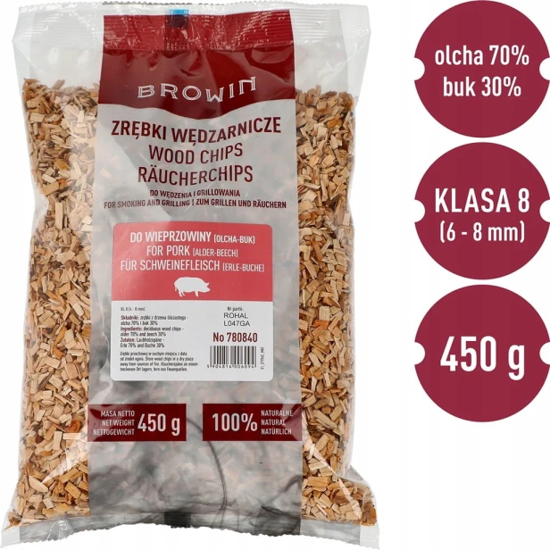 Zrębki do wędzenia/grillowania wieprzowiny 70% olcha + 30% buk, 450g, kl. 8