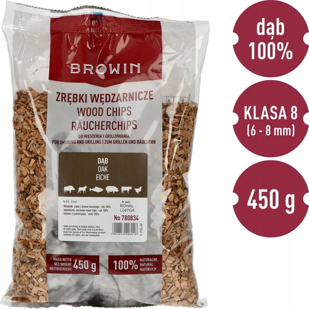 Zrębki do wędzenia i grillowania, dąb, 450 g, kl. 8 Browin