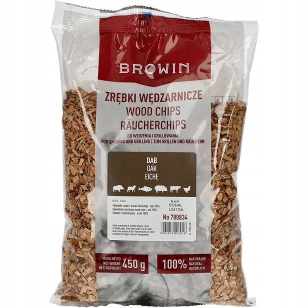 Zrębki do wędzenia i grillowania, dąb, 450 g, kl. 8 Browin
