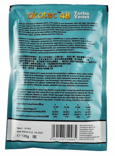 ALCOTEC 48 TURBO PURE 135 G DROŻDŻE GORZELNICZE SZYBKA FERMENTACJA DO 21 %