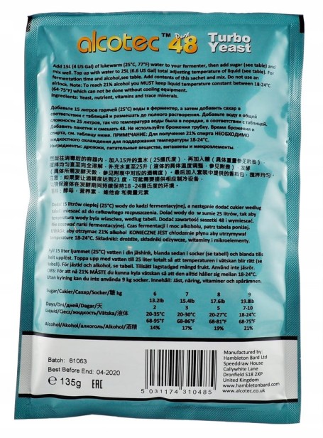 ALCOTEC 48 TURBO PURE 135 G DROŻDŻE GORZELNICZE SZYBKA FERMENTACJA DO 21 %