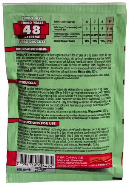 Coobra 48 Turbo Yeast 135 g Extreme do 21% Drożdże Gorzelnicze x 10 SZTUK